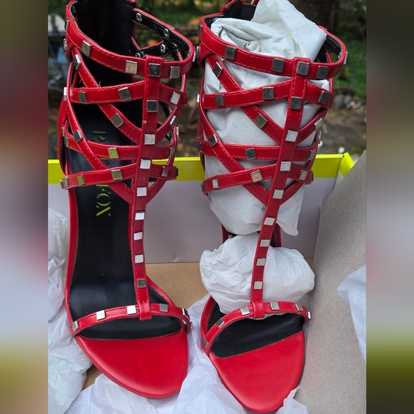 Paper Fox Shoes - Paper Fox Red Strappy Heels With Studded Cage Sz7.5 NIB